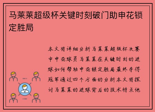 马莱莱超级杯关键时刻破门助申花锁定胜局