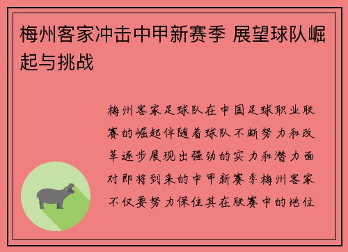 梅州客家冲击中甲新赛季 展望球队崛起与挑战 梅州客家冲击中甲新赛季 展望球队崛起与挑战
